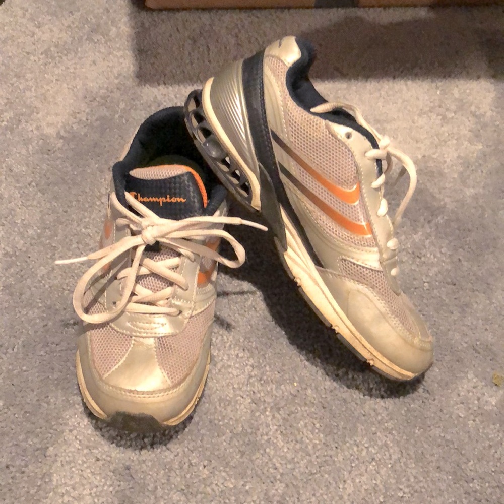 Champion Size 3 Silver Sneakers w/ orange accents